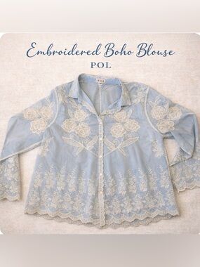 POL 🔥 Embroidered Boho Blouse One Size Blue Cream Scalloped Cottagecore
